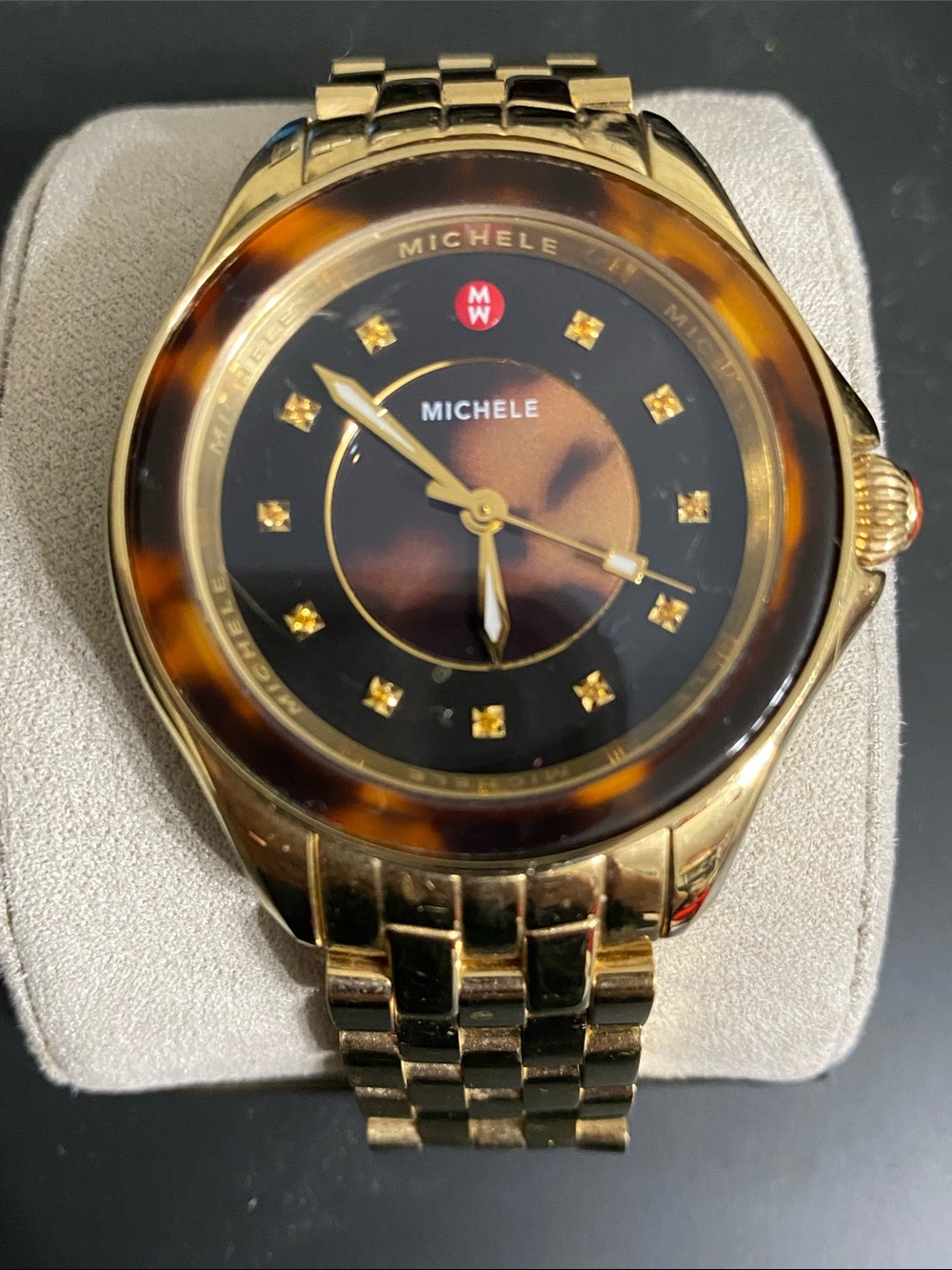 Michele Gold Watch with Tortoiseshell Bezel and Brown Dial